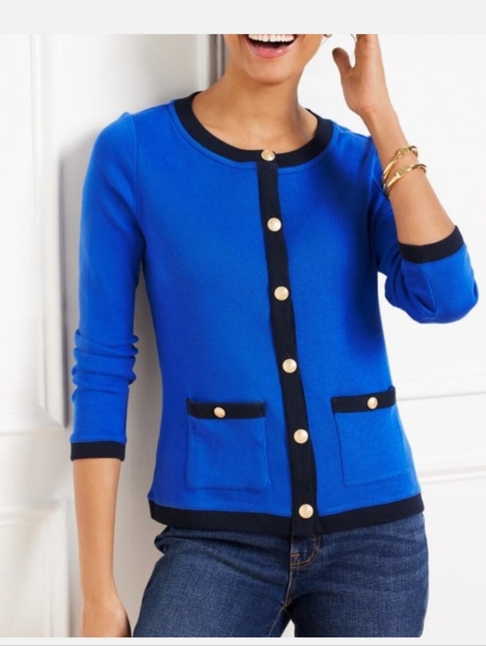 Talbots Patch Pocket Cardigan Gold Buttons Blue 100% Cotton Size XL